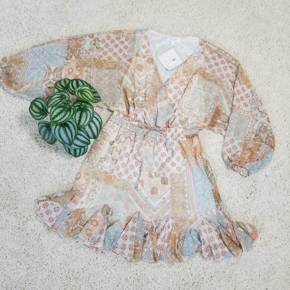 Dress. Aqua Tan Cream Gold. Paisley Floral Print. Peach Love Brand. Size L. NWT. - Picture 7 of 13